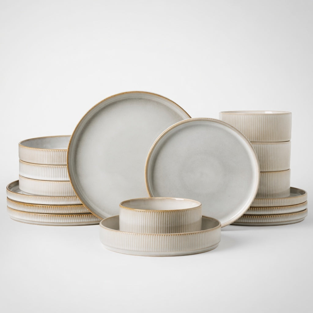 SAINT LAWRENCE 12-Piece Non-toxic Ceramic Dinnerware Set - Ribbed Vintage Style
