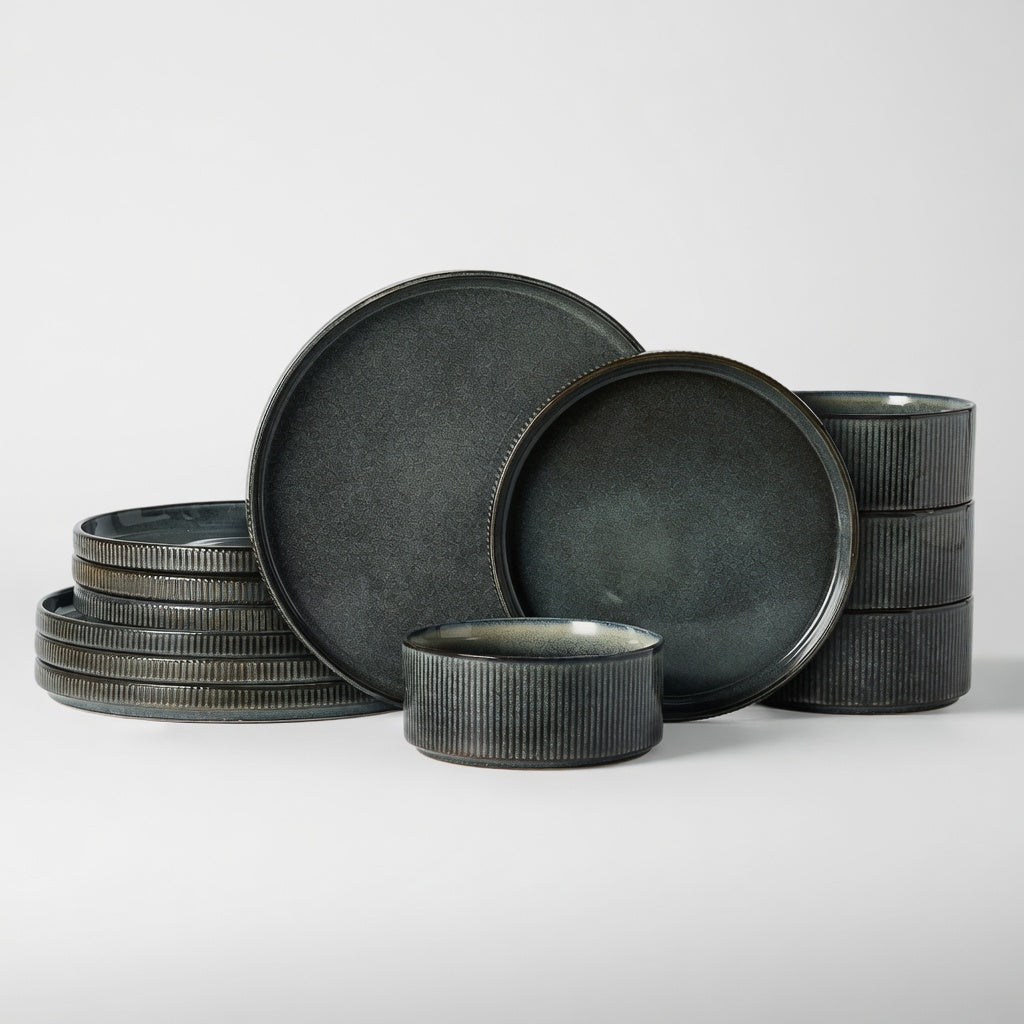 SAINT LAWRENCE 12-Piece Non-toxic Ceramic Dinnerware Set - Ribbed Vintage Style