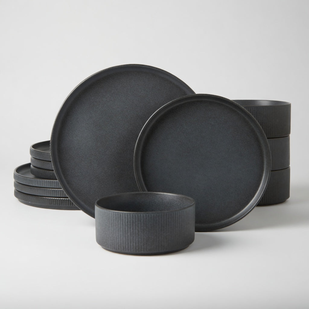 SAINT LAWRENCE 12-Piece Non-toxic Ceramic Dinnerware Set - Ribbed Vintage Style