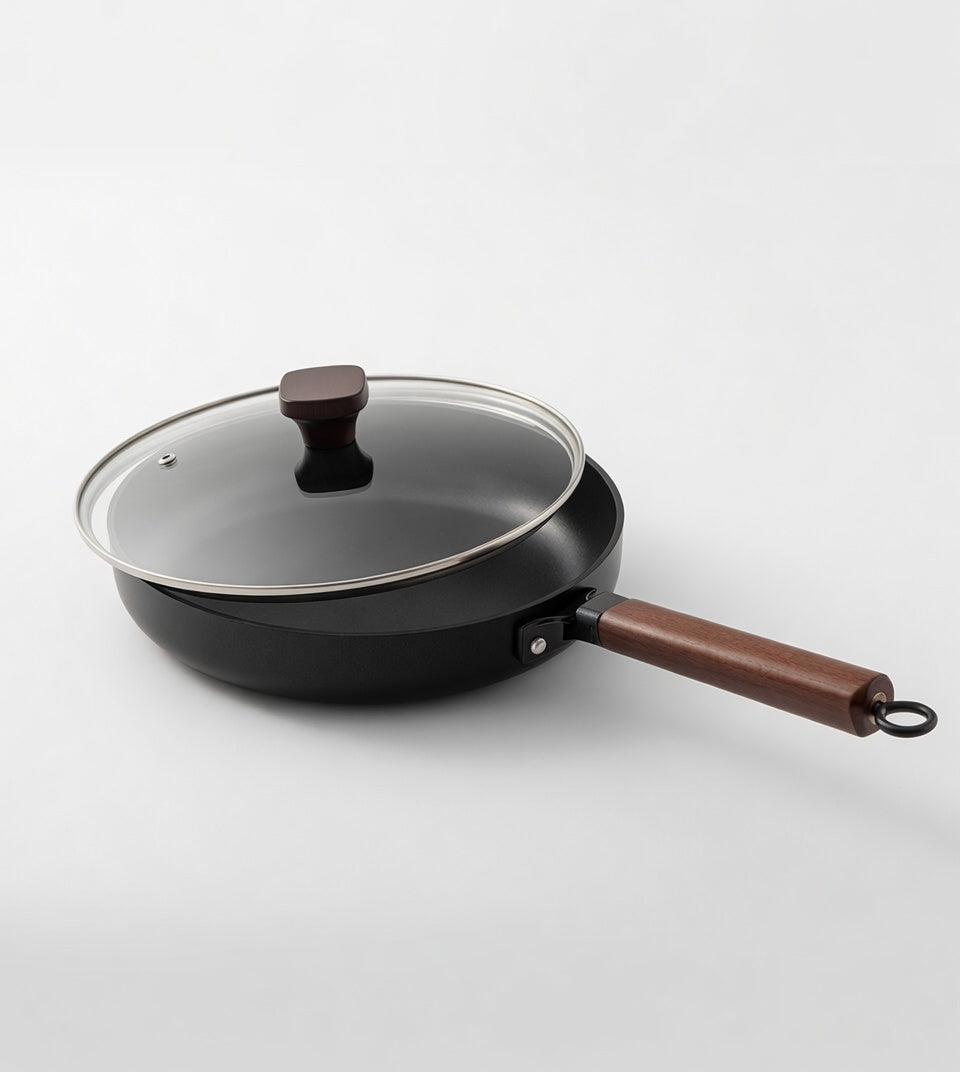 SAINT LAWRENCE Non-Stick Cast Iron Frying Pan & Lid with Wooden Handle