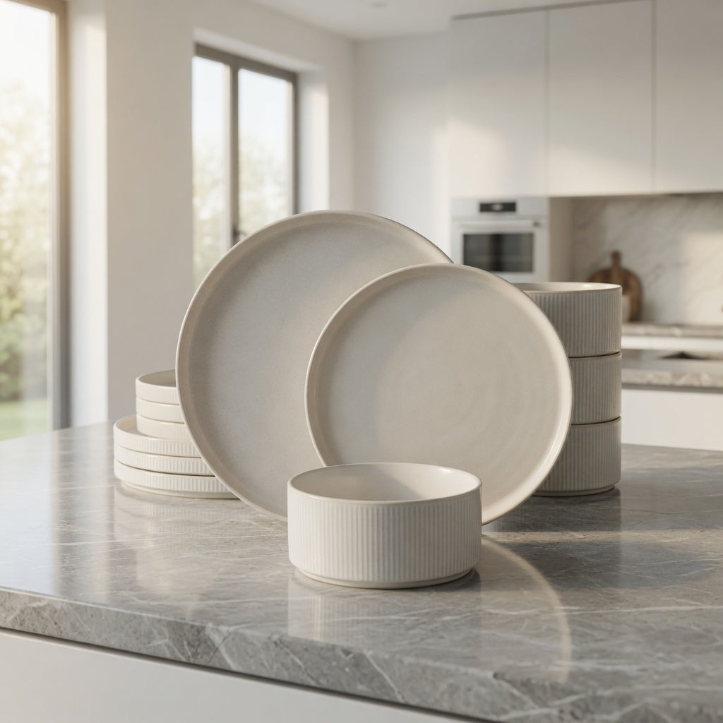 SAINT LAWRENCE 12-Piece Non-toxic Ceramic Dinnerware Set - Ribbed Vintage Style