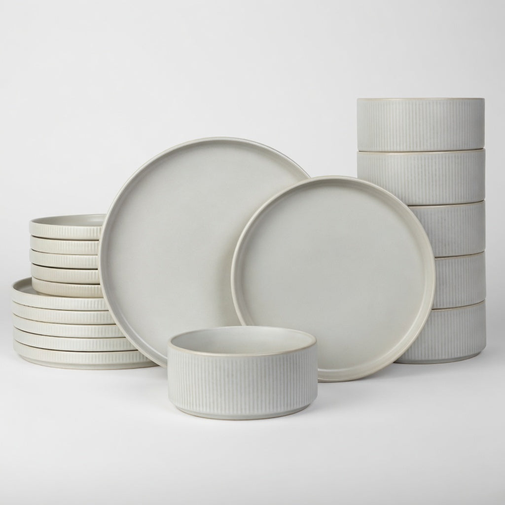 SAINT LAWRENCE 18-Piece Non-toxic Ceramic Dinnerware Set - Ribbed Vintage Style