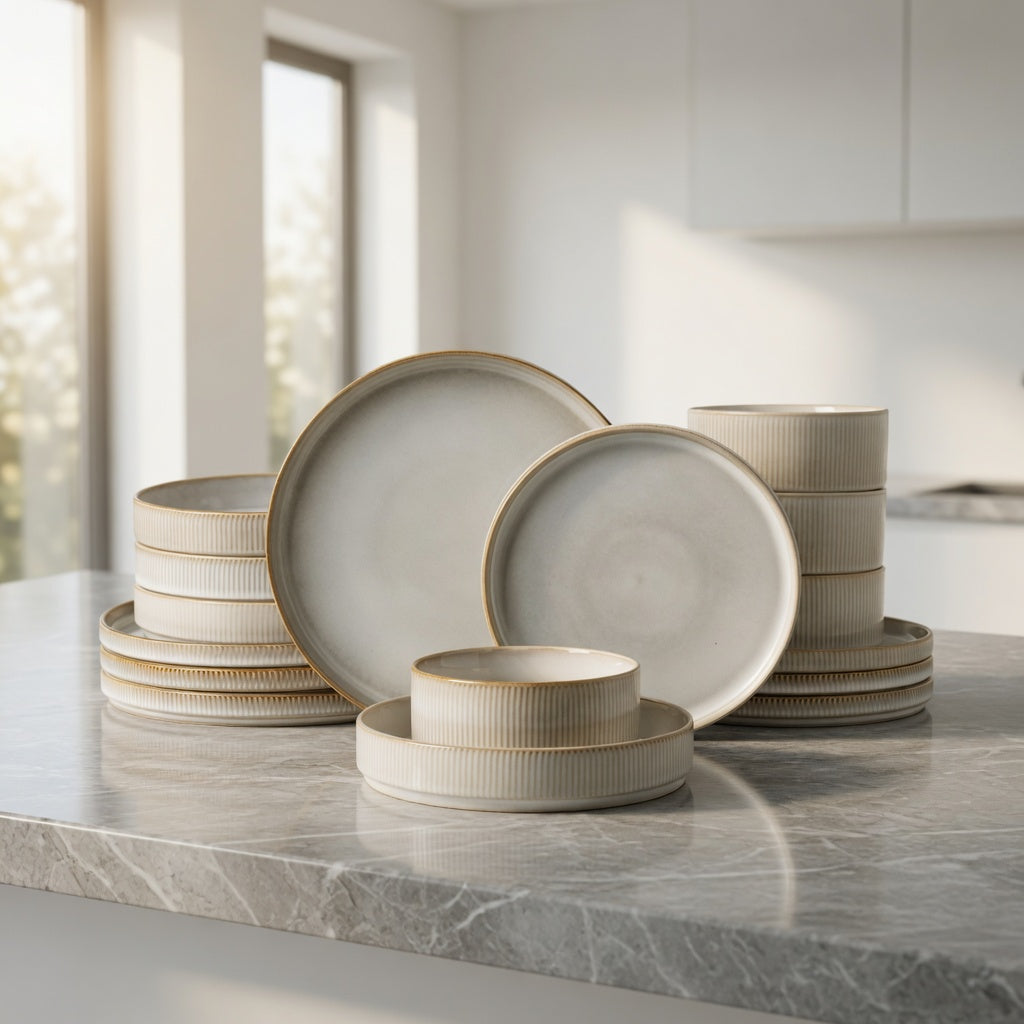 SAINT LAWRENCE 12-Piece Non-toxic Ceramic Dinnerware Set - Ribbed Vintage Style