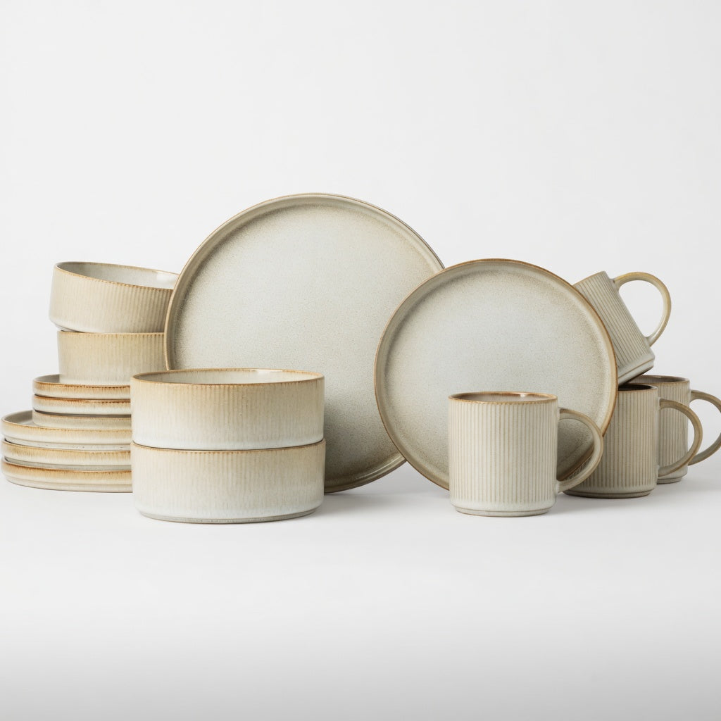 SAINT LAWRENCE 16-Piece Non-toxic Ceramic Dinnerware Set - Ribbed Vintage Style