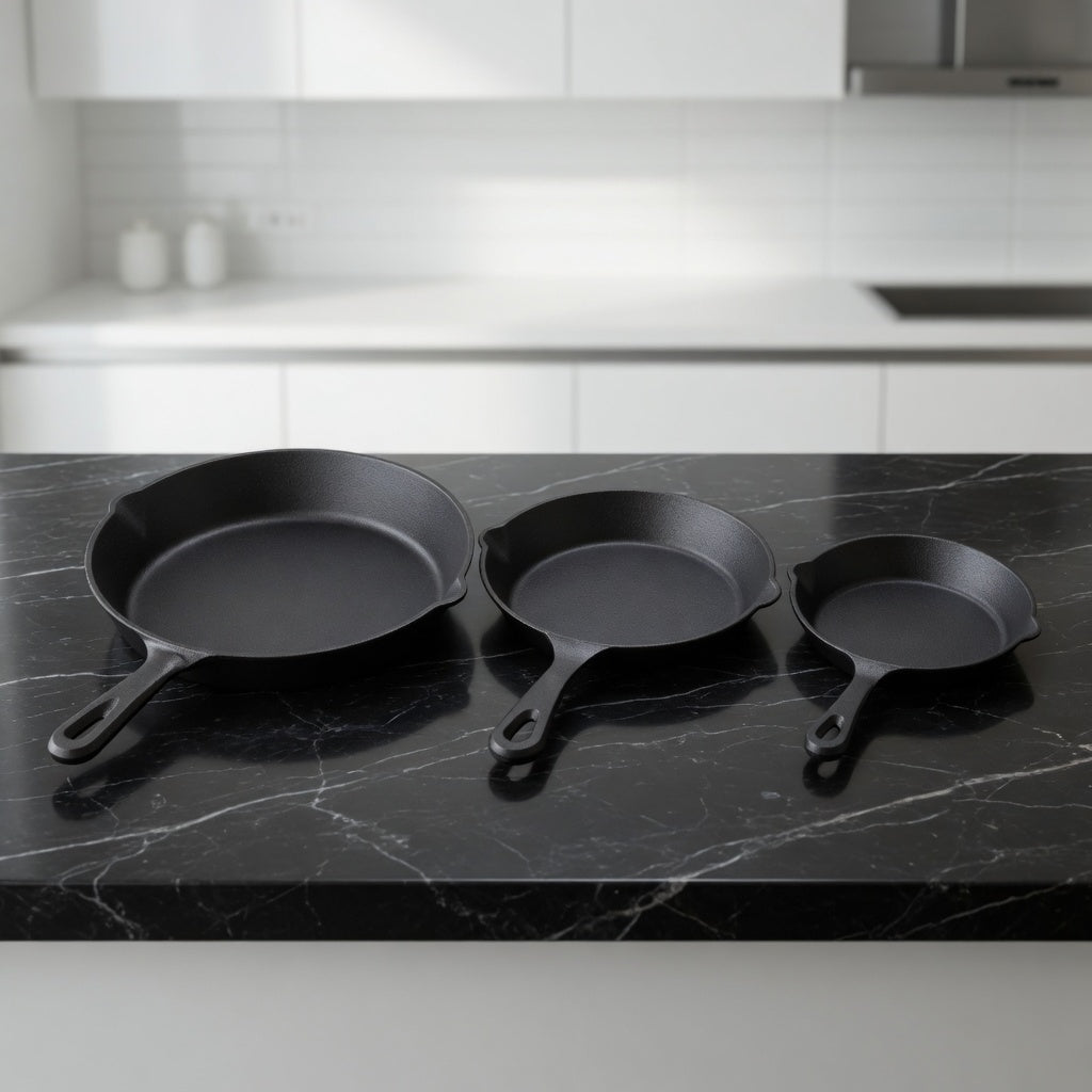 SAINT LAWRENCE 3-Piece Raw Cast Iron Skillet Set - 16cm, 20cm & 25cm Pre-Seasoned Uncoated Non-stick Frying Pans