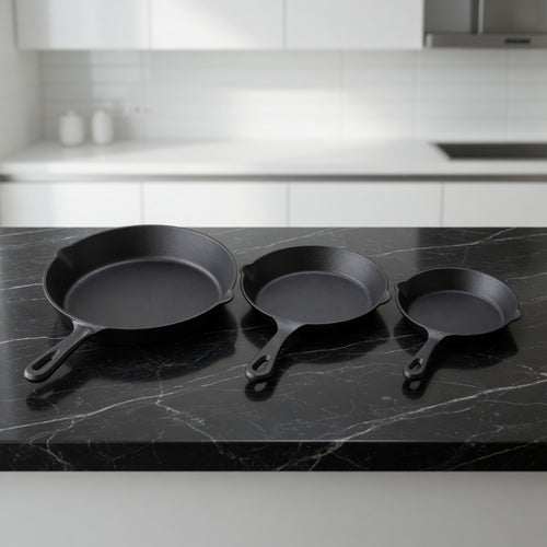 SAINT LAWRENCE 3-Piece Raw Cast Iron Skillet Set - 16cm, 20cm & 25cm Pre-Seasoned Uncoated Non-stick Frying Pans