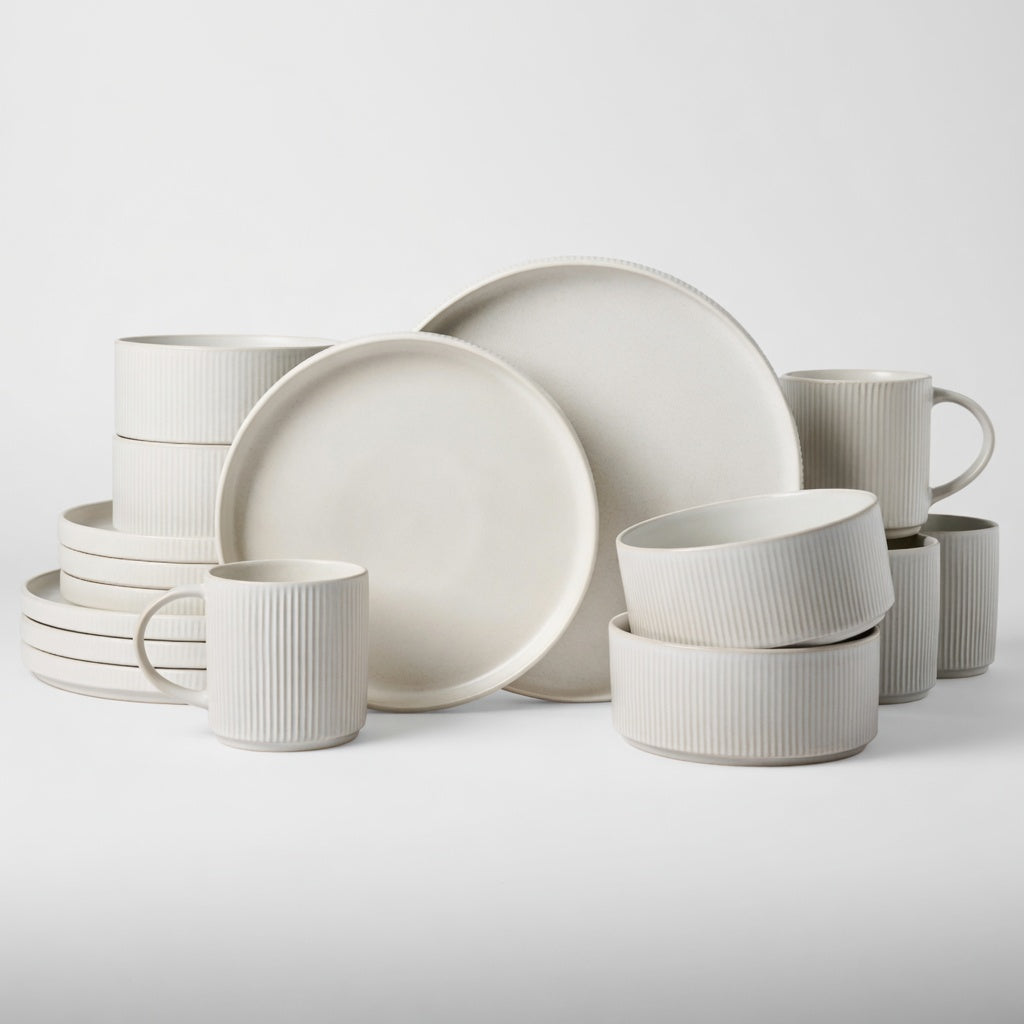 SAINT LAWRENCE 16-Piece Non-toxic Ceramic Dinnerware Set - Ribbed Vintage Style
