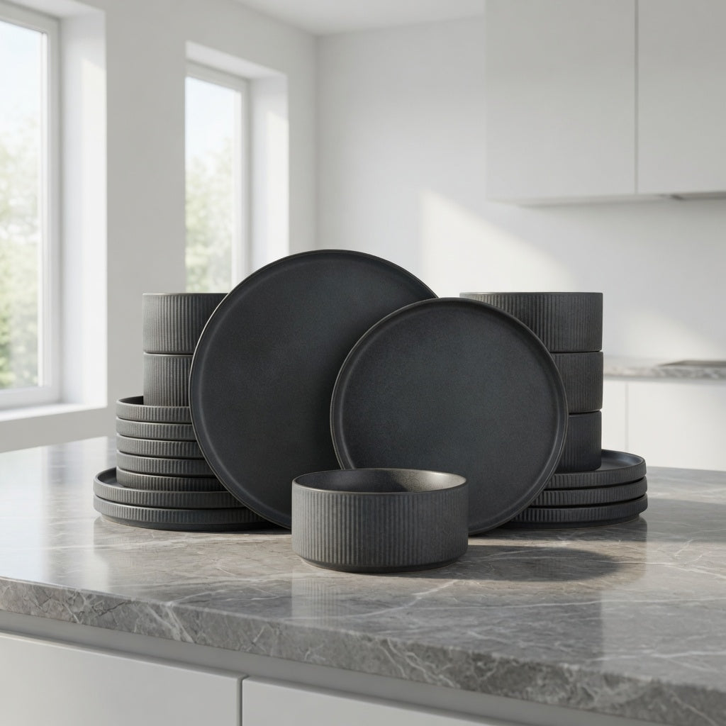 SAINT LAWRENCE 18-Piece Non-toxic Ceramic Dinnerware Set - Ribbed Vintage Style