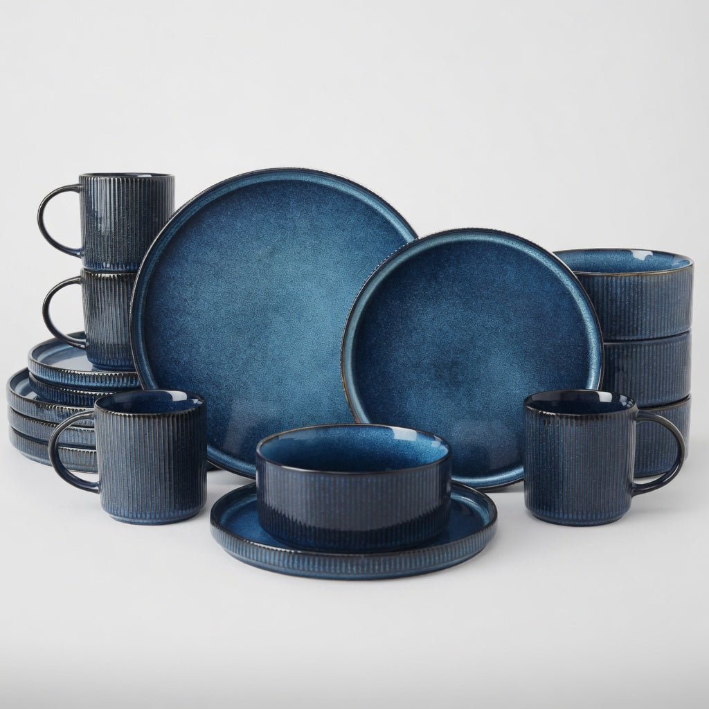 SAINT LAWRENCE 16-Piece Non-toxic Ceramic Dinnerware Set - Ribbed Vintage Style