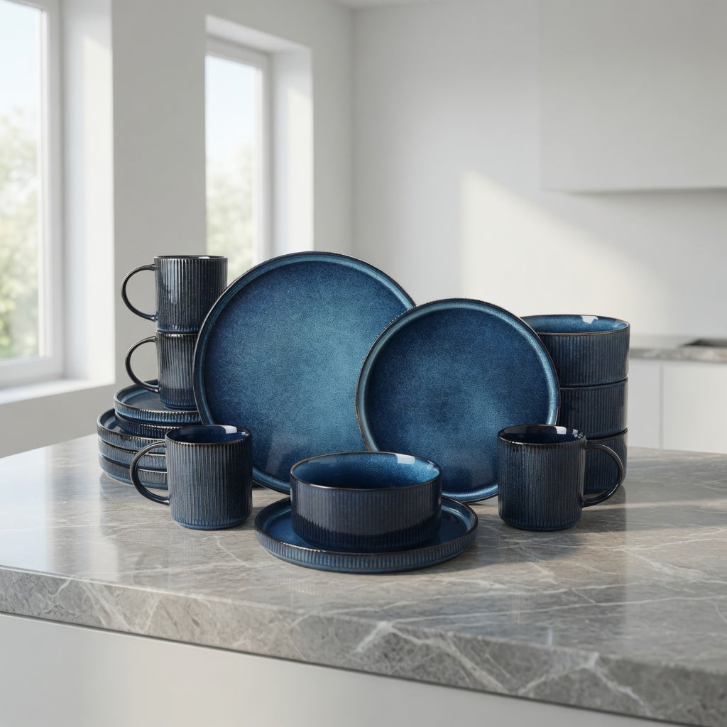 SAINT LAWRENCE 16-Piece Non-toxic Ceramic Dinnerware Set - Ribbed Vintage Style